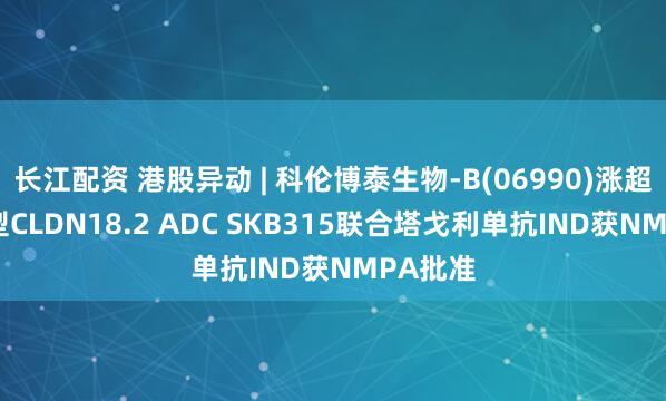 长江配资 港股异动 | 科伦博泰生物-B(06990)涨超6% 新型CLDN18.2 ADC SKB315联合塔戈利单抗IND获NMPA批准
